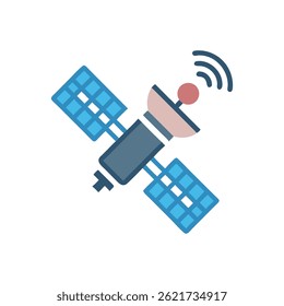 A simple flat illustration of satellite orbiting earth with antenna. Light blue and gray colors with White Background.