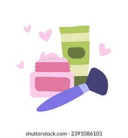 Simple flat illustration with a set of cosmetics for makeup and skin care