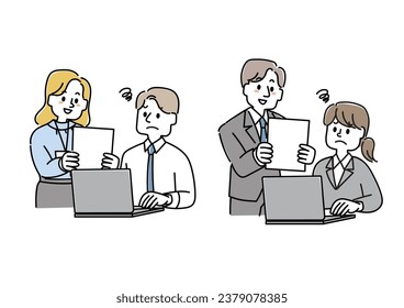 Simple and flat illustration set of people being talked to at work (disappointing, annoying)