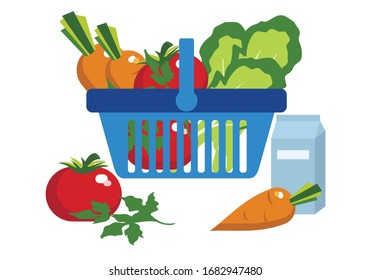 simple, flat illustration of a shopping basket with vegetables and a pack of milk. 