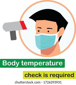 Ilustración plana simple que muestra el signo de la comprobación de la temperatura corporal durante el brote de Covid-19. Fondo blanco