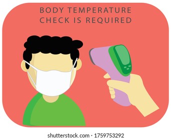 Ilustración plana simple que muestra la señal de la comprobación de la temperatura corporal durante el brote de Covid-19, adecuada para jardín más suave