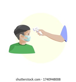 Simple flat illustration showing children wearing surgical mask. Body temperature scan by pyrometer.