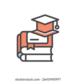 Uma simples ilustração plana mostrando um teto de graduação no topo de uma pilha de livros. Representa a realização acadêmica e o aprendizado.