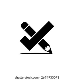 Una ilustración plana simple que muestra un lápiz en negro, dibujando un icono de marca de verificación en un fondo transparente. El contorno es limpio y nítido para varios usos.