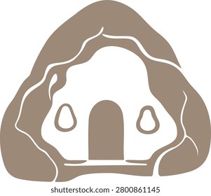 Simple flat illustration of a small cave house built into a rounded rocky mound with windows and arched doorway