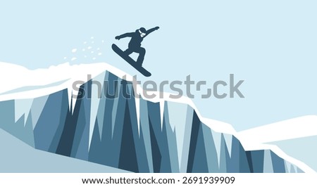 Simple flat illustration of a snowboarder riding down a snowy mountain
