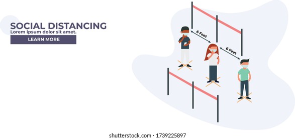 Einfache flache Illustration der sozialen Distanzierung im öffentlichen Bereich während Covid-19 Quratin. Mann und Frau tragen Gesichtsmaske. Queue Flat Vector Illustration. Körperliche Distanzierung.