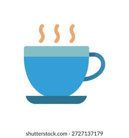 A simple flat illustration of a steaming blue teacup on a White Background with minimal design elements.