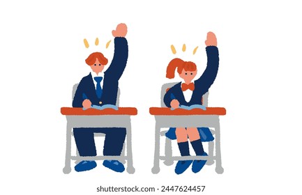 Simple and flat illustration of students in uniform raising their hands