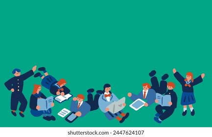 Simple and flat illustration of students in uniforms studying