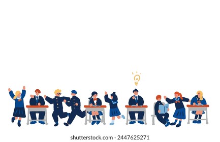 Simple and flat illustration of students in uniforms studying