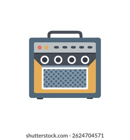 A simple flat illustration of a stylized guitar amplifier. Warm yellow highlights contrast the gray case in a simple geometric style.