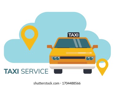  Simple flat illustration for taxi call application. Illustration of a taxi car and geolocation tags 