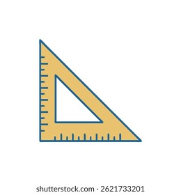 Simple flat illustration of a triangle ruler in yellow with blue outline. Isolated on White Background.