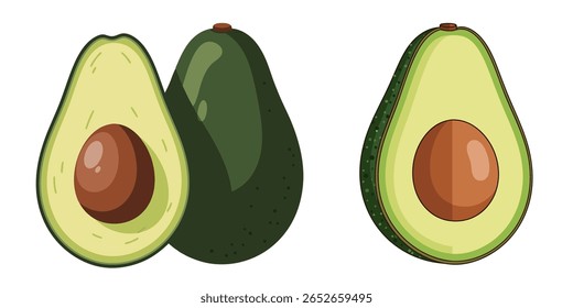 A simple, flat illustration of two avocados on a white background. One is whole and dark green, while the other is cut in half, revealing its creamy green flesh and large brown pit.