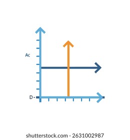 A simple flat illustration of a two-dimensional graph with arrows representing the x and y axis and an orange arrow going up.