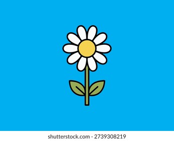 Simple Flat Illustration of a White Daisy Flower with Green Stem and Leaves