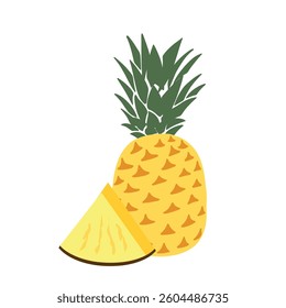 Simple flat illustration of whole pineapple with green leaves and sliced piece on white background