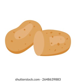 Uma simples ilustração plana de batatas inteiras e fatiadas. Ótimo para embalagens de alimentos, designs de receitas, menus e projetos educacionais relacionados a legumes e agricultura.