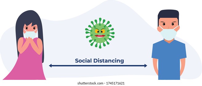 Simple Flat Illustration of A Woman and A Man Preventing The Spread of Coronavirus Covid-19 by Applying Social Distancing or Physical Distancing. New Normal Life Vector Illustration. 