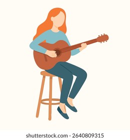 Simple Flat Illustration of Woman Playing Acoustic Guitar on Stool Entertainment Icon