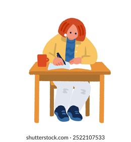 A simple and flat illustration of a woman studying at a desk