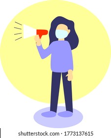 Simple Flat Illustration of A Woman Wearing Face Mask Using Megaphone Announcing Information About Coronavirus Covid-19. Megaphone Vector Illustration. Announcement Vector Illustration. Warning Corona