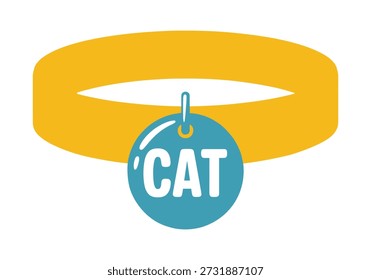 Una ilustración simple y plana de un collar de gato amarillo con una etiqueta azul que dice "GATO" en texto blanco.