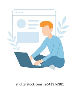 Simple Flat Illustration Young Man Working on Laptop in Modern Style Design