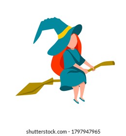 A simple flat illustration of a young witch flying on a broomstick. The Befana celebration. Flat vector illustration on a white background.Stock image