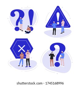 Ilustraciones planas simples que muestran a personas alrededor de señales de advertencia, signos de restricción y signos de interrogación.