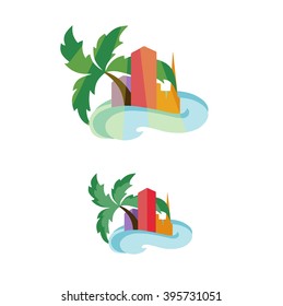 simple flat image of the resort with palm trees and colorful houses on a white background
