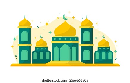 Simple Flat Islamic Mosque with Green Color