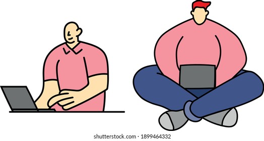 Simple flat isolated vector illustration man with laptop