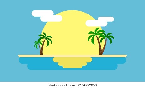 Simple flat landscape design with palms on island with sun. This illustration can be used in travel blogs, in popularization of traveling, and as a background for you're vacation post.