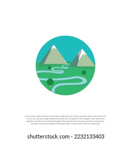 simple and flat Landscape logo with mountain tree and river in rounded frame design can be for illustration or logo vector design logo template