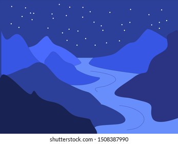 A simple flat landscape of night montains in blue colors.