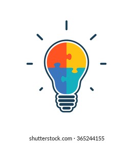 Simple Flat Light Bulb Icon With Jigsaw Puzzle Pieces Inside. Vector Illustration.