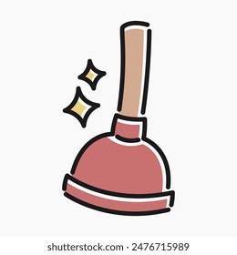 Simple flat line art cartoon of a sparkling plunger. Illustration of a plunger with sparkles, perfect to represent the cleaning themes. Plunger with wooden handle and red rubber cup.