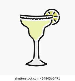 Simple flat line art cartoon of a margarita. Illustration of a margarita cocktail, perfect for Mexican-related needs, celebrations, holidays, cinco de mayo and more.