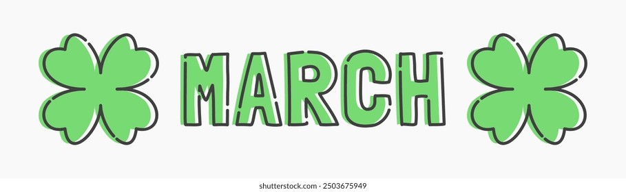 Simple flat line art cartoon for March. March illustration, great for graphic needs related to March with clover leaves, nature, spring, and more.