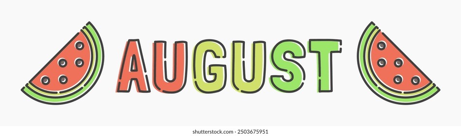 Simple flat line art cartoon for August. August illustration, ideal for graphic needs related to the month of August with pieces of watermelon, fruits, summer, and more.