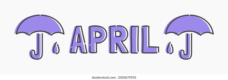 Simple flat line art cartoon for April. April illustration, ideal for graphic needs related to the month of April with umbrellas, rain, spring, and more.
