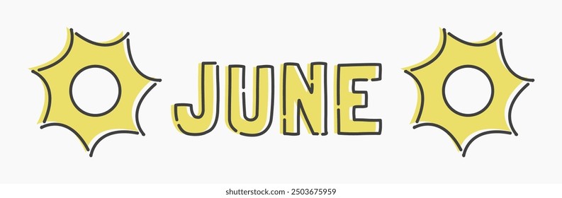 Simple línea plana de dibujos animados de arte para junio. Ilustración de junio, ideal para necesidades gráficas relacionadas con el mes de junio con sol, energía, verano y más.