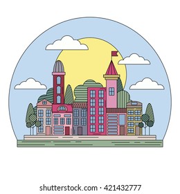 Simple flat line art cityscape. Old city illustration.