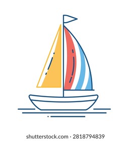 A simple flat line art icon of a sailing boat with yellow and red blue striped sails floating on stylized waves
