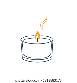 A simple flat line art illustration of a burning candle inside a glass container with a small flame and wisps of smoke.