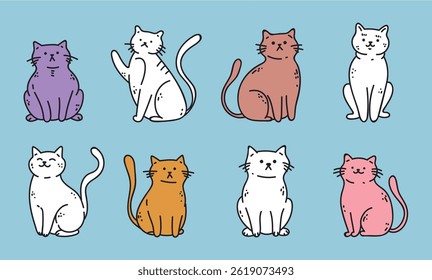 Simple flat line art outline style cats isolated set. Graphic design illustration