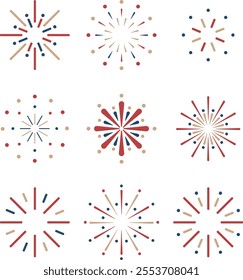 Simple flat line fireworks collection. Minimal illustration isolated background. Design concept for holiday banner, celebration, poster, flyer, greeting card, decorative elements